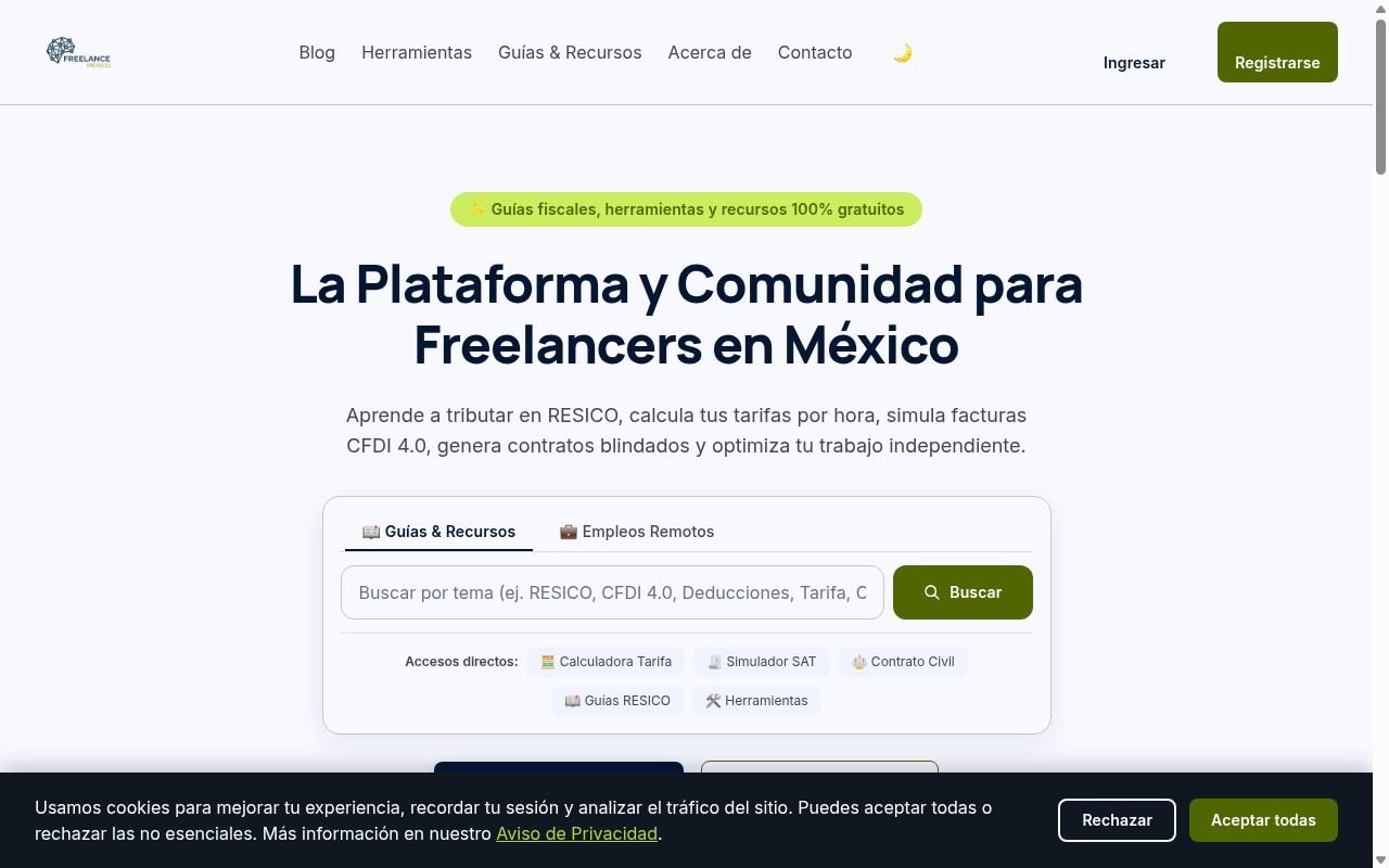 Captura de pantalla de la página principal de Freelance México